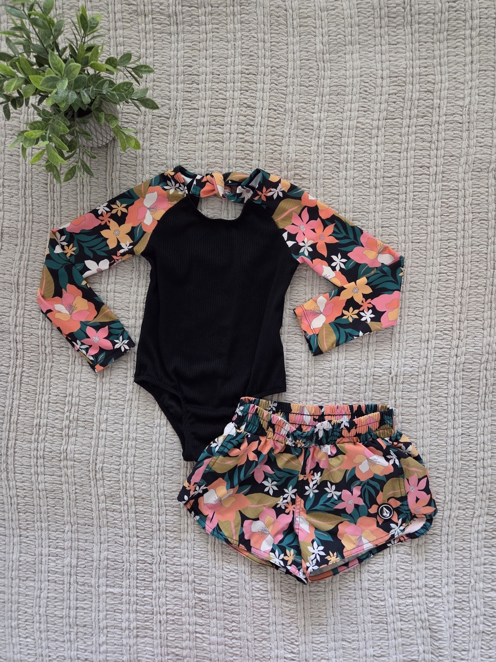Volcom Girls Black Rashguard Set with Pink & Green Floral Sleeves